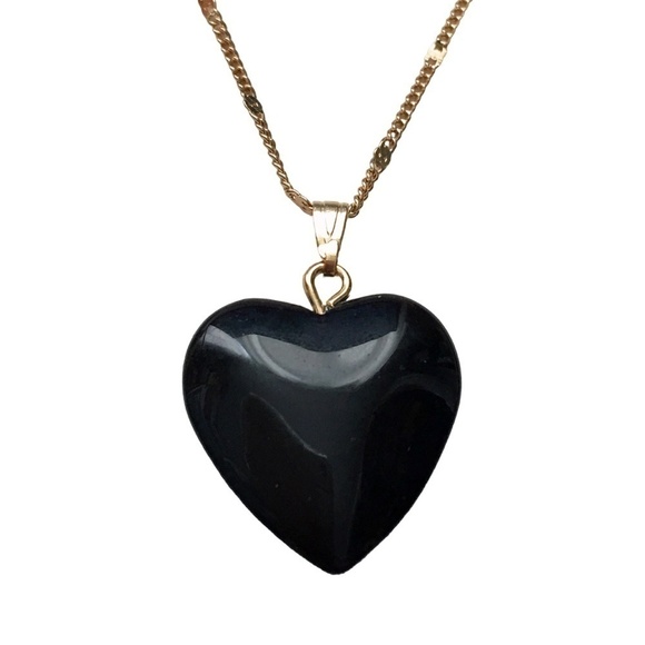 HAND Crafted Necklace Black Hearted Heart of Glass Gold Plated Chain - Picture 4 of 7